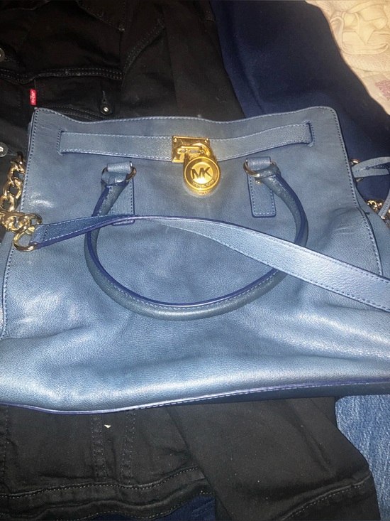 Michael Kors Handbags - Michael Kors Hamilton Navy Blue Leather Shoulder Tote with Gold MK Lock